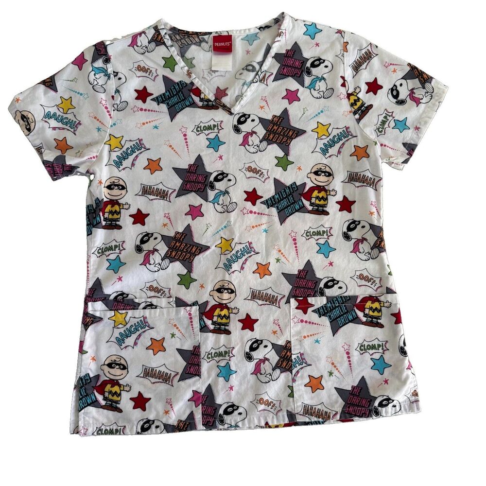 Peanuts Women's XS Charlie Brown and Snoopy Scrub Top Vneck Medical Hospital